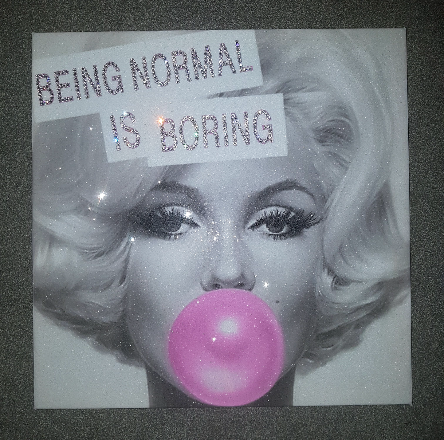 Marilyn Monroe Bubblegum Glitter Canvas Wall Art with Crystals and Diamond Dust – "Being Normal is Boring" Quote, Glamorous Eyelashes, Various Sizes