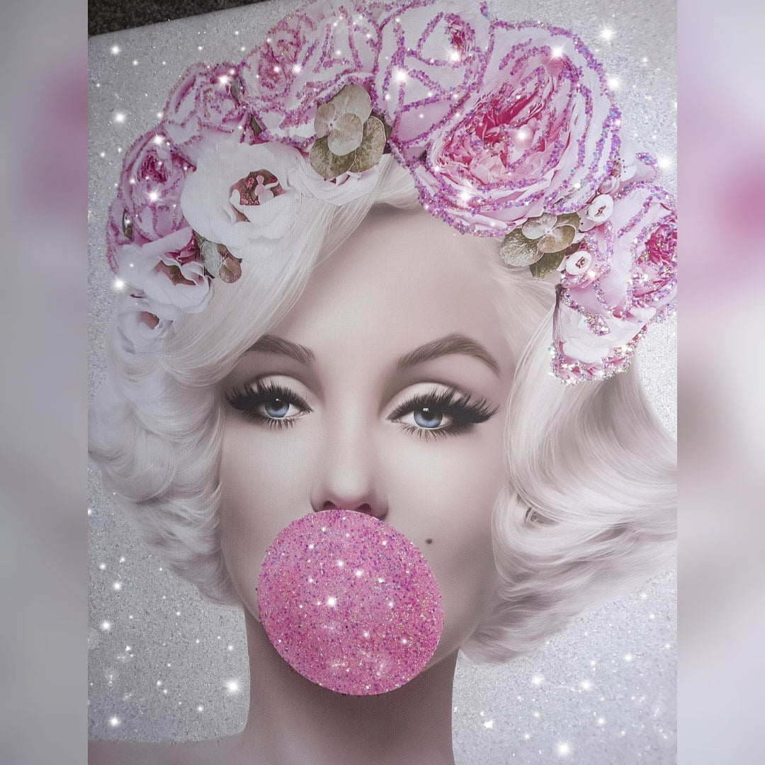 Marilyn Monroe Bubblegum Floral Gliter Canvas Wall Art