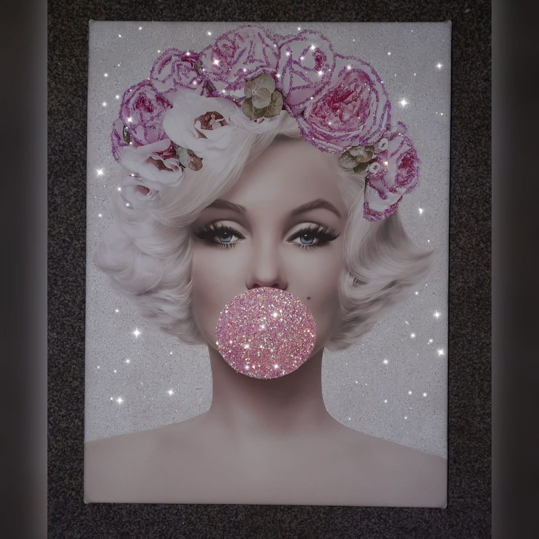 Marilyn Monroe Bubblegum Floral Gliter Canvas Wall Art