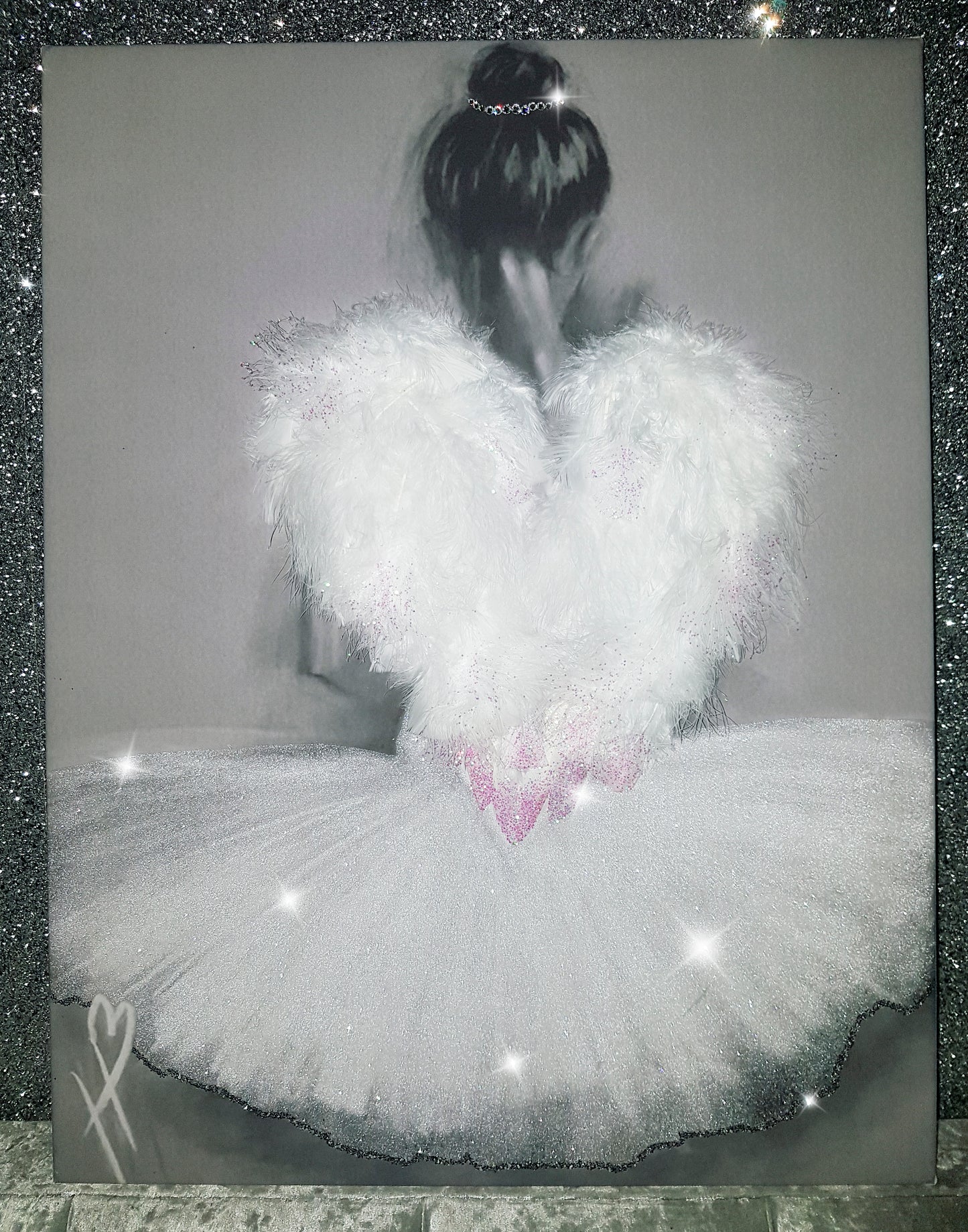 Heavenly Angel Ballerina Tutu Canvas Wall Art – Glitter, Diamond Dust, Feathers, and Swarovski Crystals