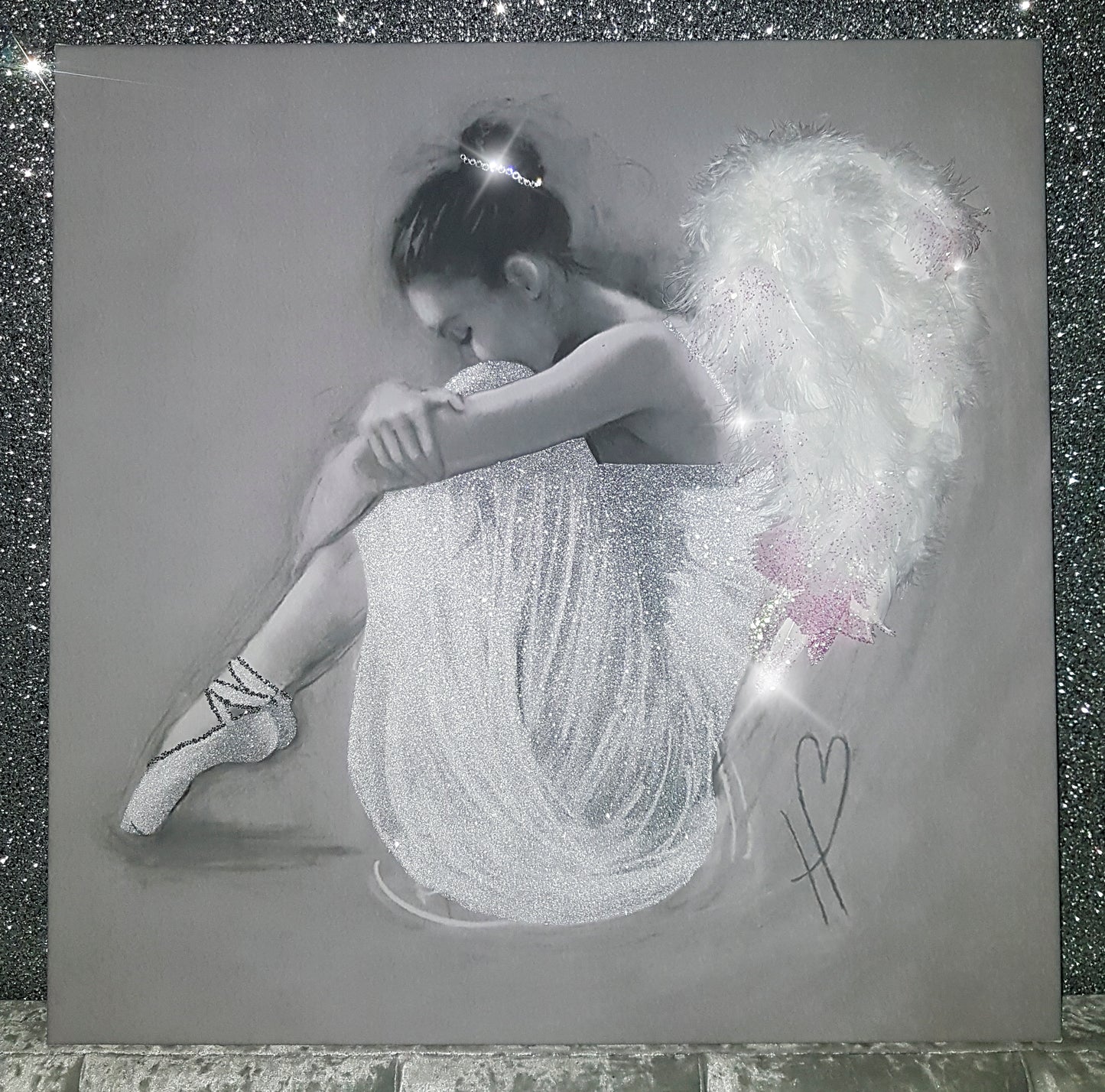 Heavenly Angel Ballerina Tutu Canvas Wall Art – Glitter, Diamond Dust, Feathers, and Swarovski Crystals