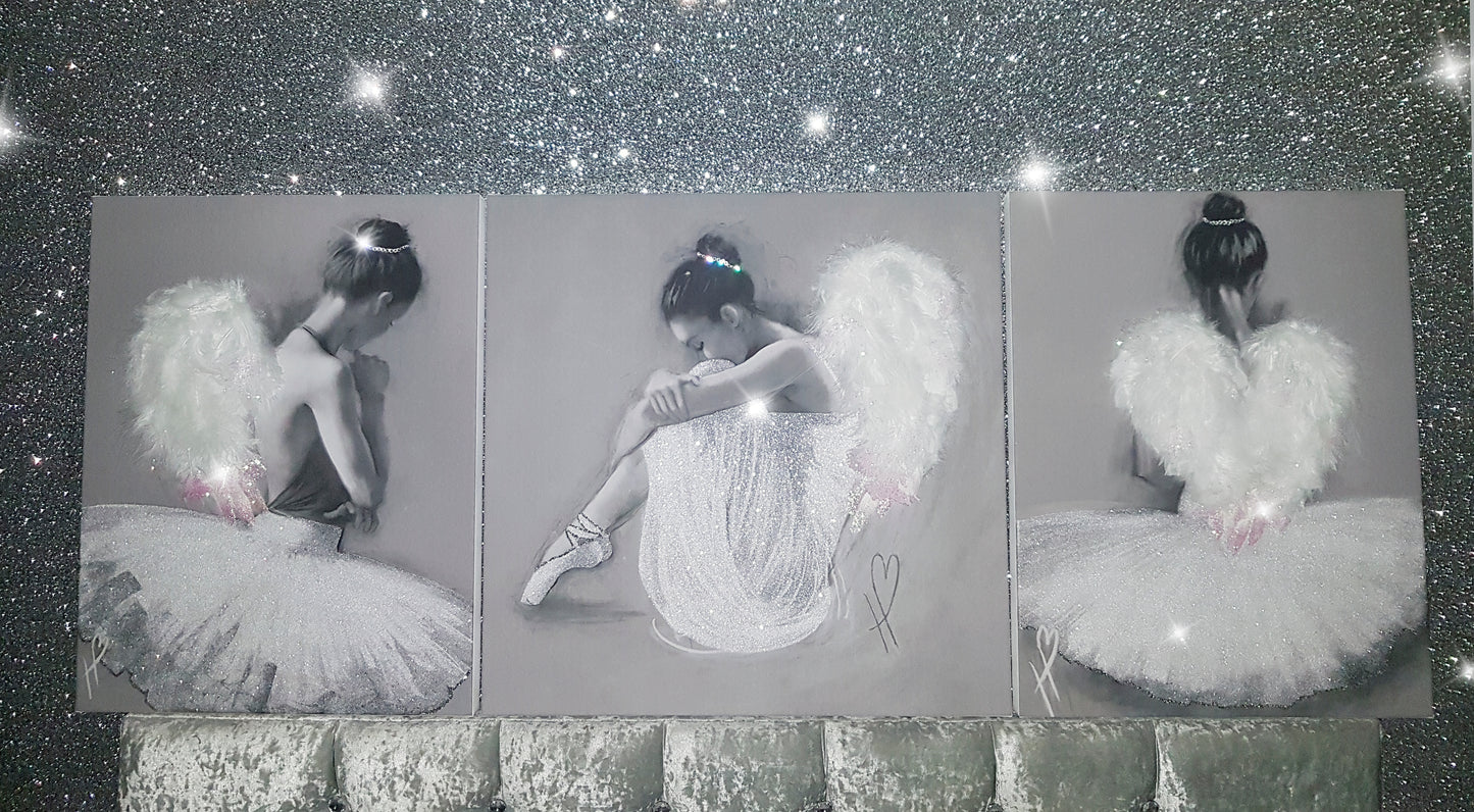 Set of Three Heavenly Angel Ballerina Tutu Canvas Wall Art – Glitter, Diamond Dust, Feathers, and Swarovski Crystals