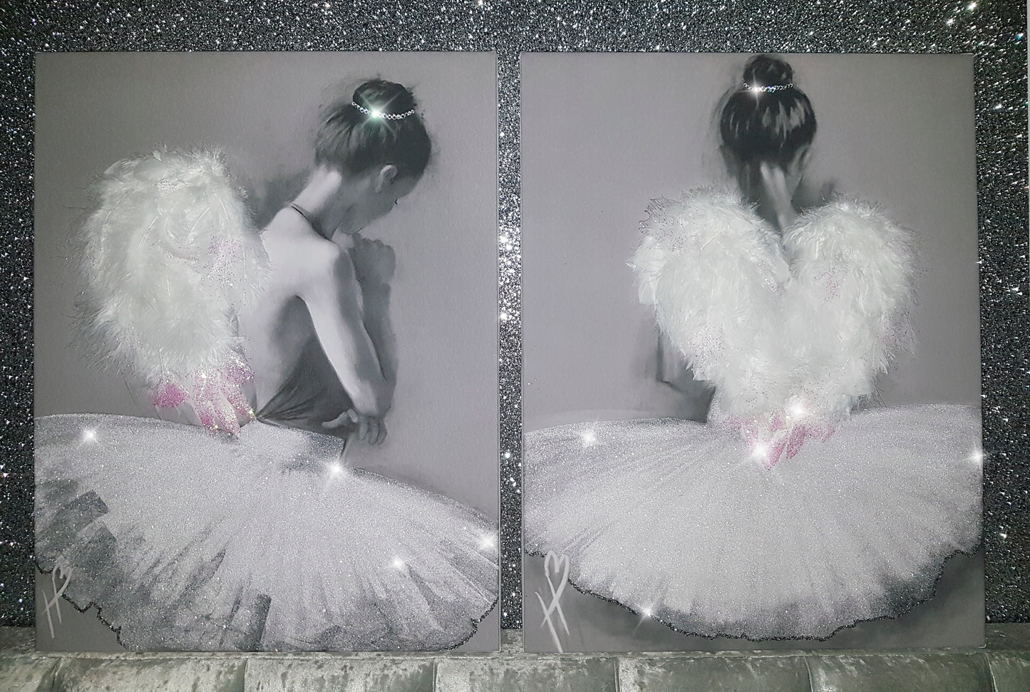 Set of 2 Heavenly Angel Ballerina Tutu Canvas Wall Art – Glitter, Diamond Dust, Feathers, and Swarovski Crystals