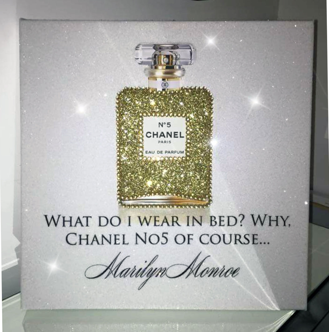 Chanel No. 5 Glitter Perfume Bottle - Iconic Marilyn Monroe Quote Décor Canvas Wall Art